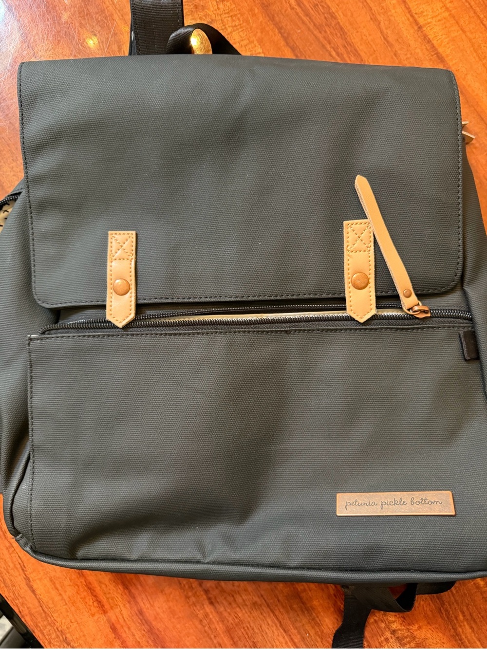 Petunia Pickle Bottom Meta Black Diaper Backpack with Tan Trim
